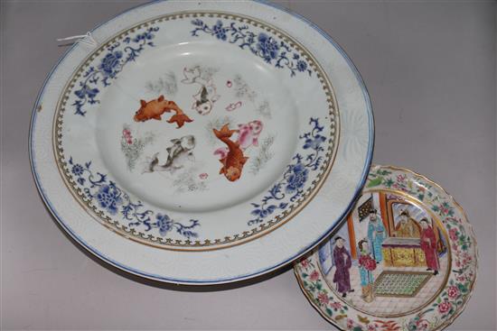 A Chinese famille verte Imari dish, 38.5cm, a famille rose fish dish, 32cm and a famille rose plate